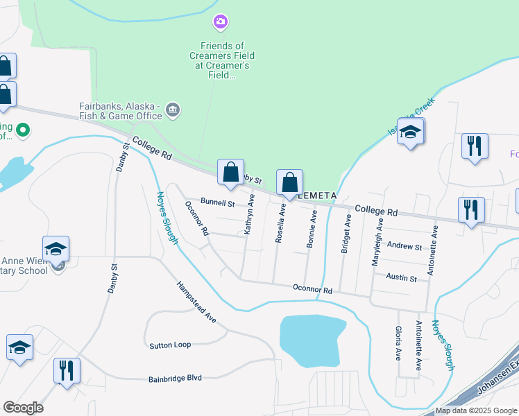 map of restaurants, bars, coffee shops, grocery stores, and more near 1200-1300 College Rd in Fairbanks