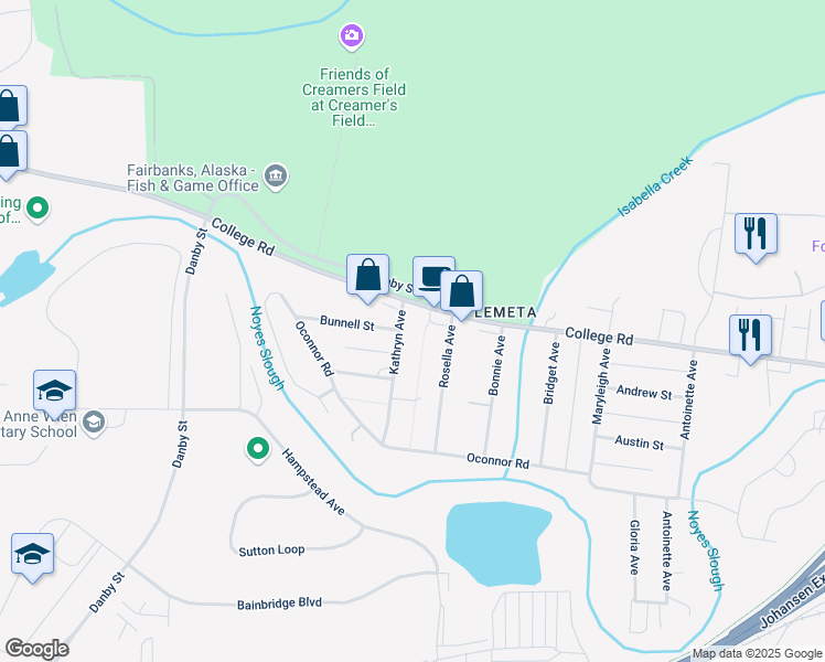 map of restaurants, bars, coffee shops, grocery stores, and more near 1200-1300 College Rd in Fairbanks