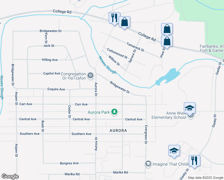 map of restaurants, bars, coffee shops, grocery stores, and more near 1718 Bridgewater Drive in Fairbanks
