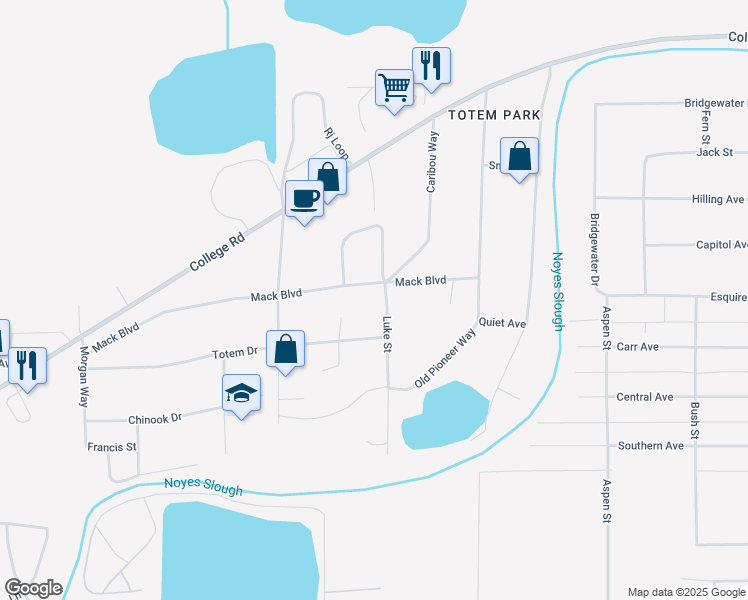 map of restaurants, bars, coffee shops, grocery stores, and more near 2724 Mack Boulevard in Fairbanks