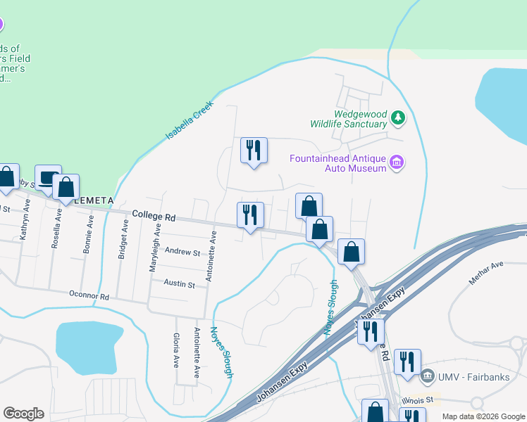 map of restaurants, bars, coffee shops, grocery stores, and more near 7 Marietta Avenue in Fairbanks
