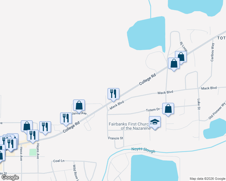 map of restaurants, bars, coffee shops, grocery stores, and more near 3150 College Road in Fairbanks