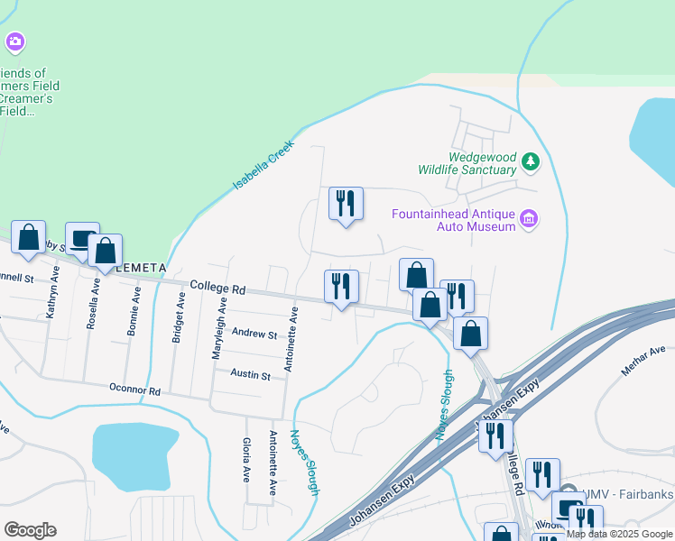 map of restaurants, bars, coffee shops, grocery stores, and more near 12 Margaret Avenue in Fairbanks