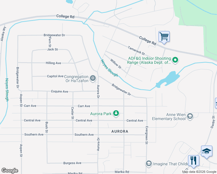 map of restaurants, bars, coffee shops, grocery stores, and more near 1743 Bridgewater Dr in Fairbanks