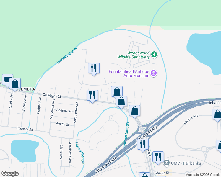 map of restaurants, bars, coffee shops, grocery stores, and more near 11 Eleanor Avenue in Fairbanks