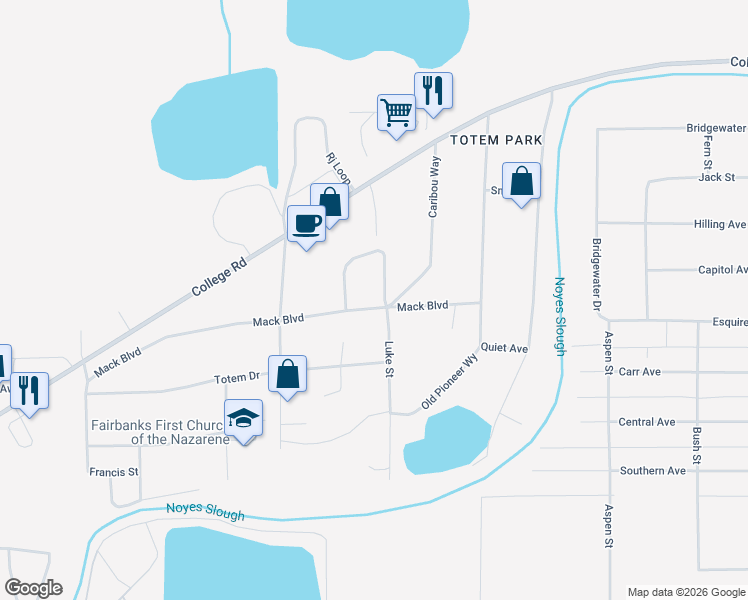 map of restaurants, bars, coffee shops, grocery stores, and more near 2724 Mack Boulevard in Fairbanks