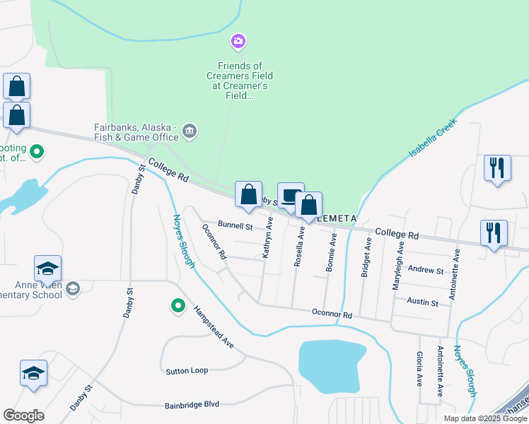 map of restaurants, bars, coffee shops, grocery stores, and more near 1200 College Road in Fairbanks