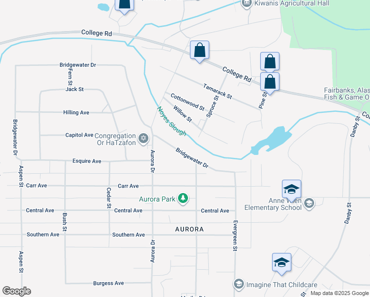 map of restaurants, bars, coffee shops, grocery stores, and more near 1718 Bridgewater Drive in Fairbanks