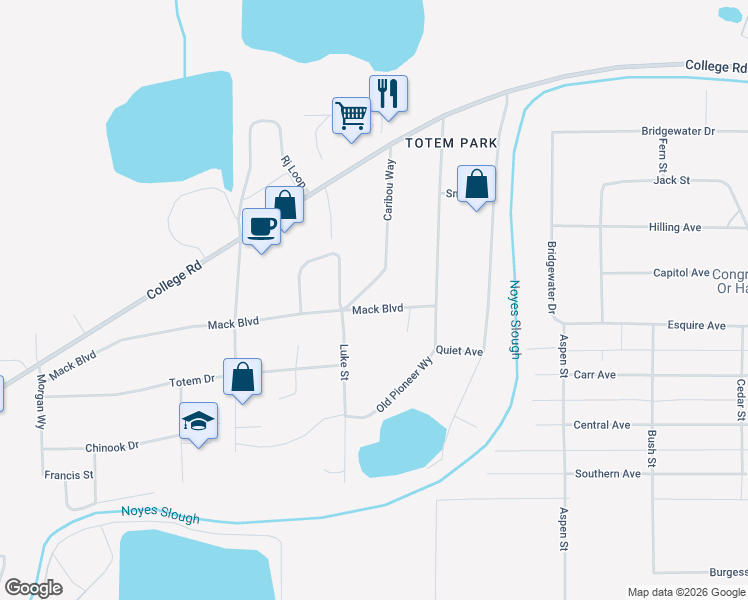 map of restaurants, bars, coffee shops, grocery stores, and more near 1747 Caribou Way in Fairbanks
