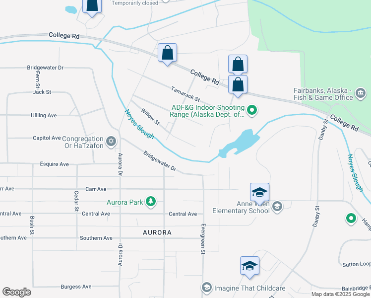 map of restaurants, bars, coffee shops, grocery stores, and more near 1629 Willow Street in Fairbanks