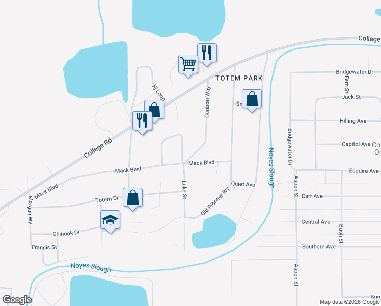 map of restaurants, bars, coffee shops, grocery stores, and more near 1747 Caribou Way in Fairbanks