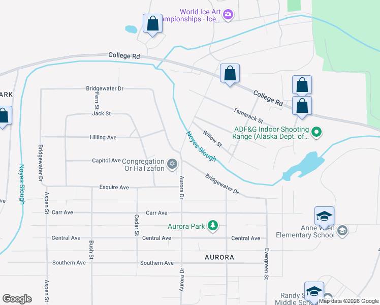 map of restaurants, bars, coffee shops, grocery stores, and more near 1743 Bridgewater Drive in Fairbanks