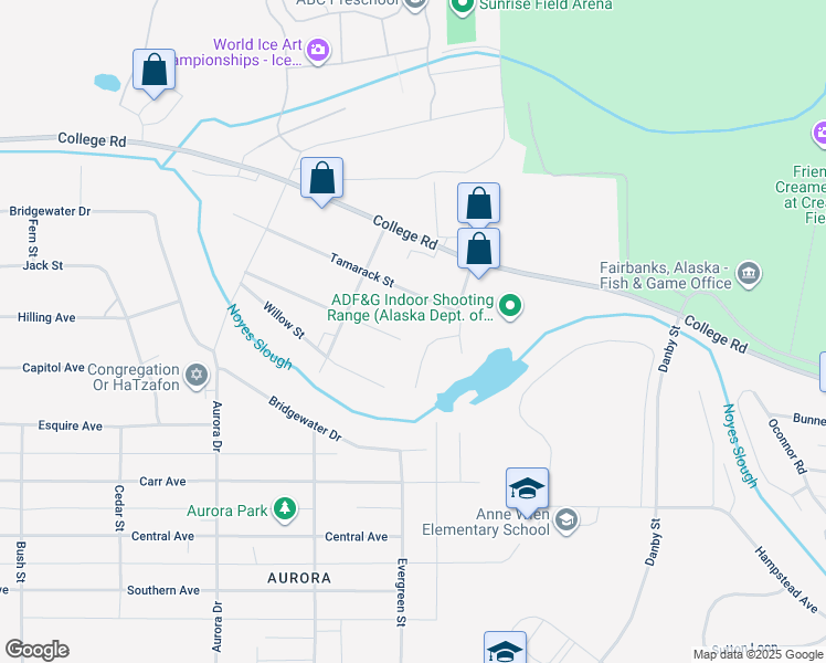 map of restaurants, bars, coffee shops, grocery stores, and more near 1627 Tamarack Street in Fairbanks