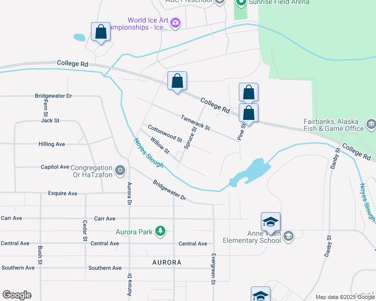 map of restaurants, bars, coffee shops, grocery stores, and more near 301 Spruce Street in Fairbanks