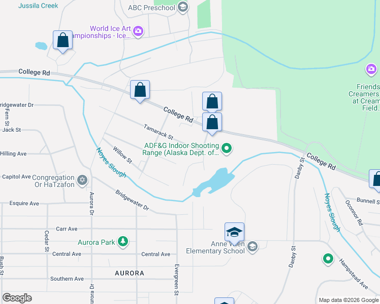map of restaurants, bars, coffee shops, grocery stores, and more near 1608 Tamarack Street in Fairbanks