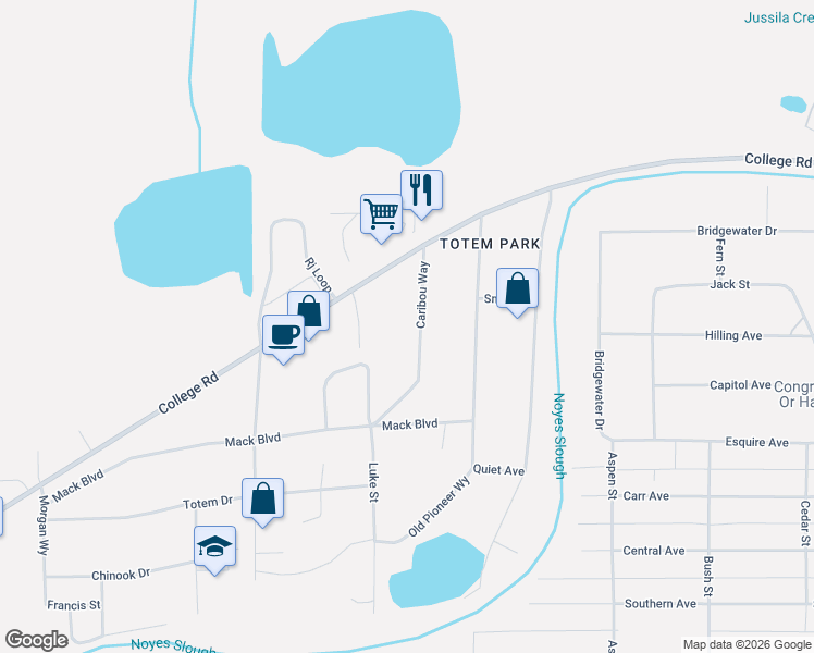 map of restaurants, bars, coffee shops, grocery stores, and more near 1804 Caribou Way in Fairbanks