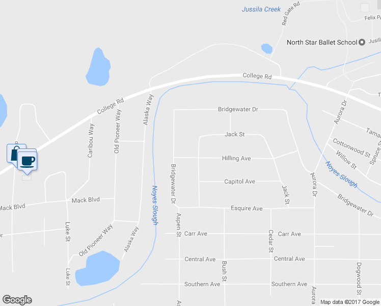 map of restaurants, bars, coffee shops, grocery stores, and more near 2130 Hilling Avenue in Fairbanks