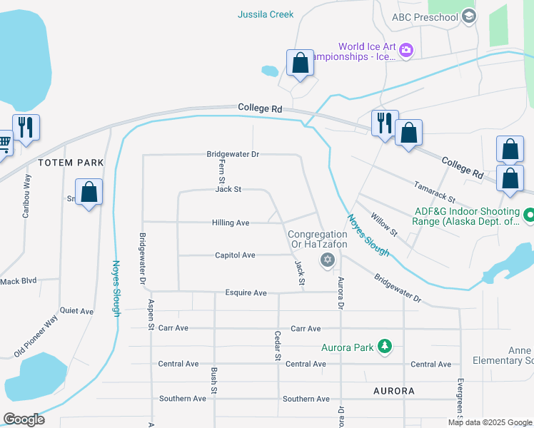 map of restaurants, bars, coffee shops, grocery stores, and more near 1902 Hilling Ave in Fairbanks