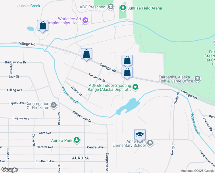map of restaurants, bars, coffee shops, grocery stores, and more near 1627 Tamarack Street in Fairbanks