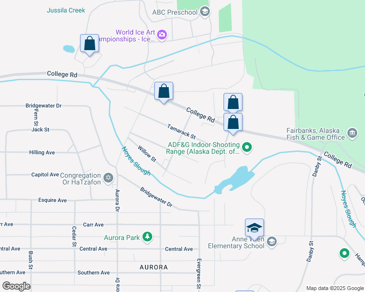 map of restaurants, bars, coffee shops, grocery stores, and more near 217 Spruce Street in Fairbanks