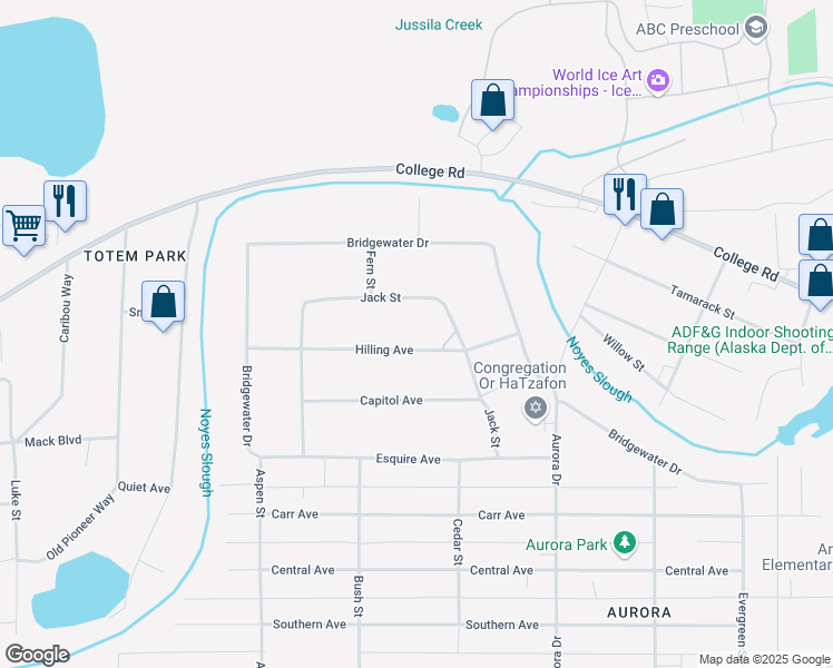 map of restaurants, bars, coffee shops, grocery stores, and more near 1902 Hilling Avenue in Fairbanks