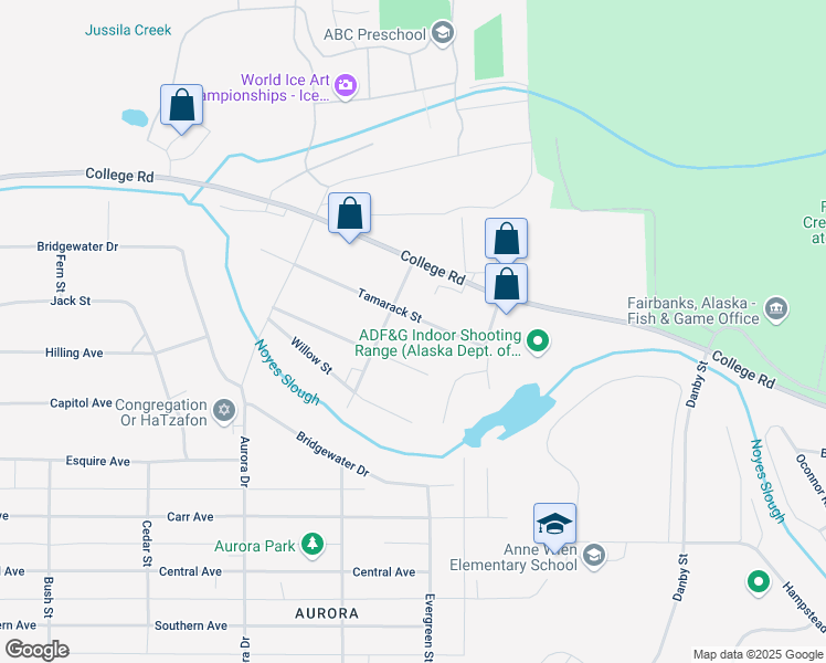 map of restaurants, bars, coffee shops, grocery stores, and more near 217 Spruce Street in Fairbanks