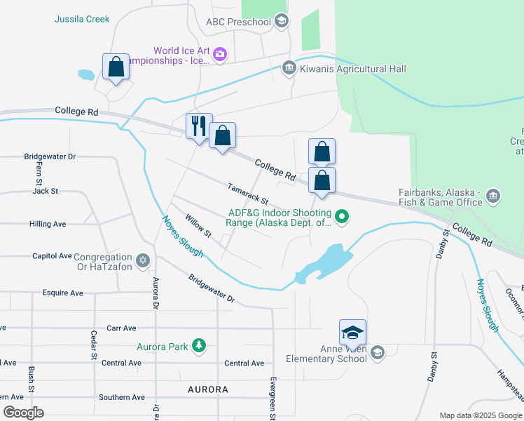map of restaurants, bars, coffee shops, grocery stores, and more near 217 Spruce Street in Fairbanks