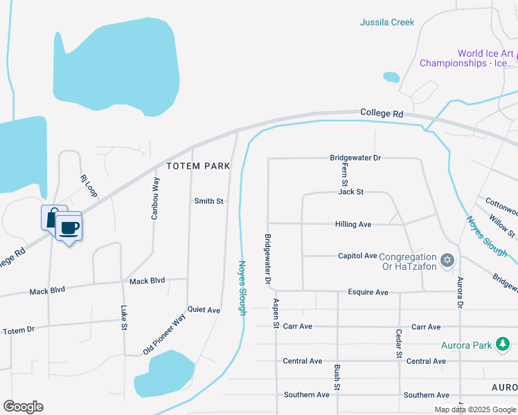 map of restaurants, bars, coffee shops, grocery stores, and more near 2153 Bridgewater Drive in Fairbanks