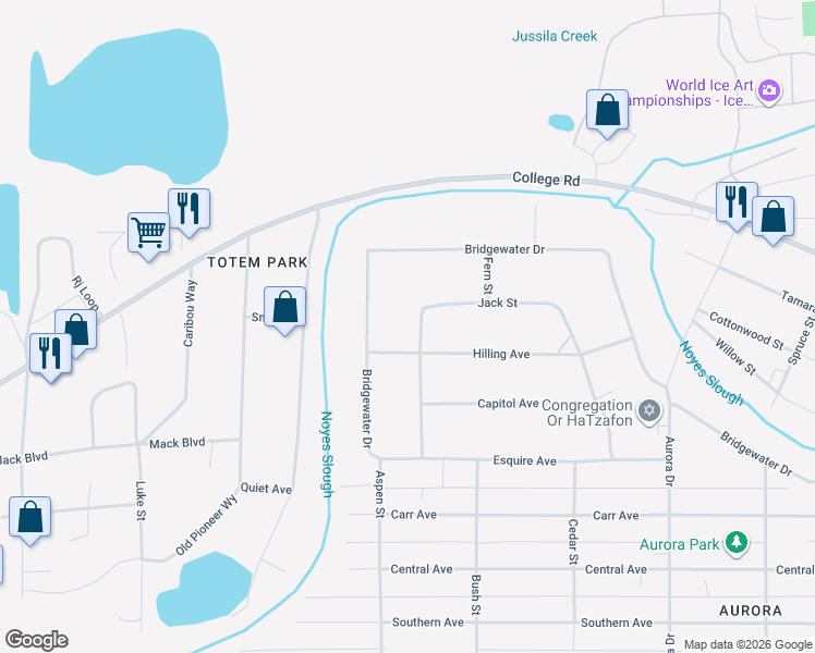 map of restaurants, bars, coffee shops, grocery stores, and more near 2130 Hilling Avenue in Fairbanks