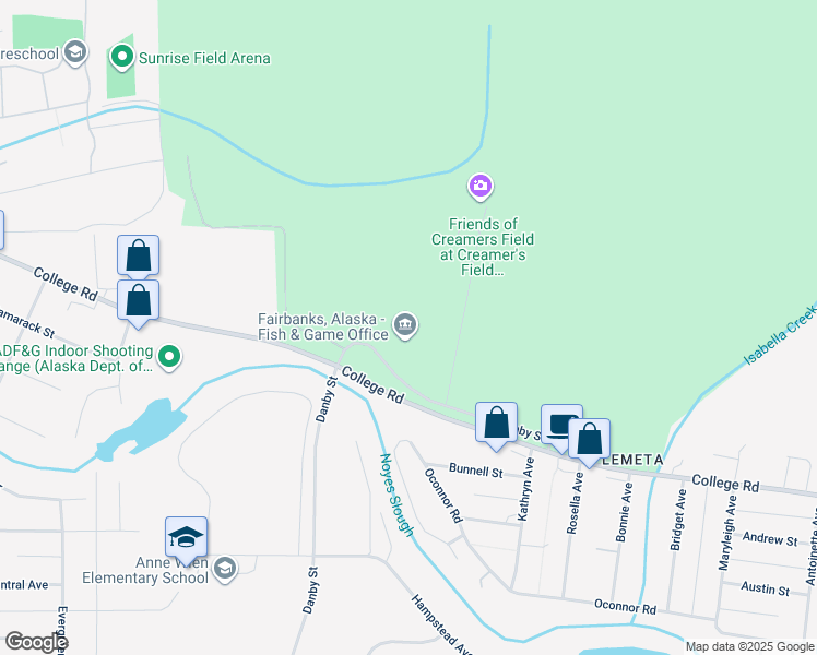 map of restaurants, bars, coffee shops, grocery stores, and more near 1300 College Road in Fairbanks