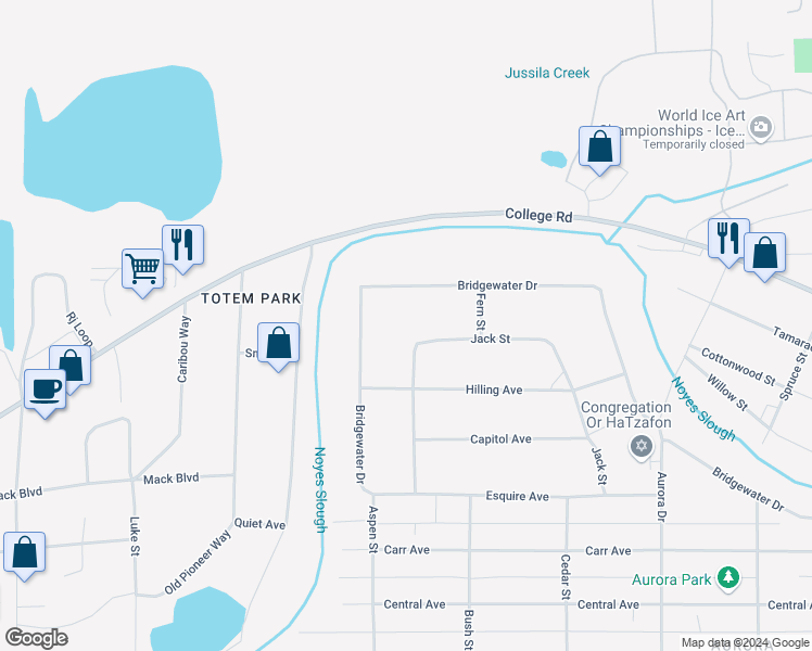 map of restaurants, bars, coffee shops, grocery stores, and more near 2045 Jack Street in Fairbanks