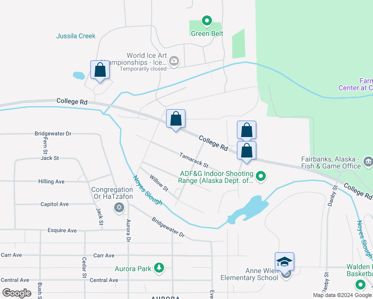 map of restaurants, bars, coffee shops, grocery stores, and more near 1712 Tamarack Street in Fairbanks