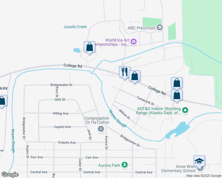 map of restaurants, bars, coffee shops, grocery stores, and more near 1831 Tamarack Street in Fairbanks