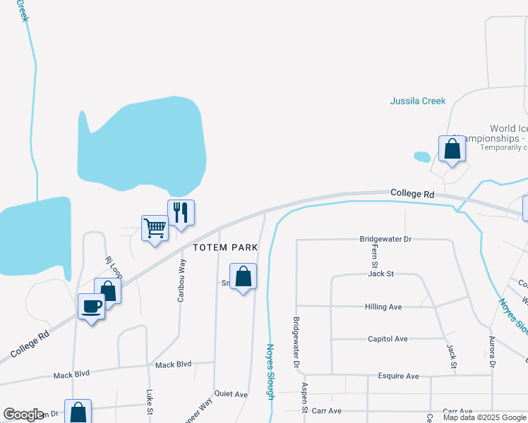 map of restaurants, bars, coffee shops, grocery stores, and more near 2400 College Road in Fairbanks