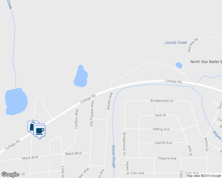 map of restaurants, bars, coffee shops, grocery stores, and more near 2400 College Road in Fairbanks