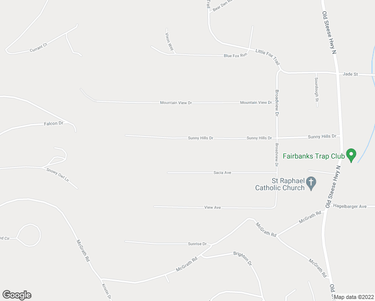 map of restaurants, bars, coffee shops, grocery stores, and more near 175 Sunny Hills Drive in Fairbanks