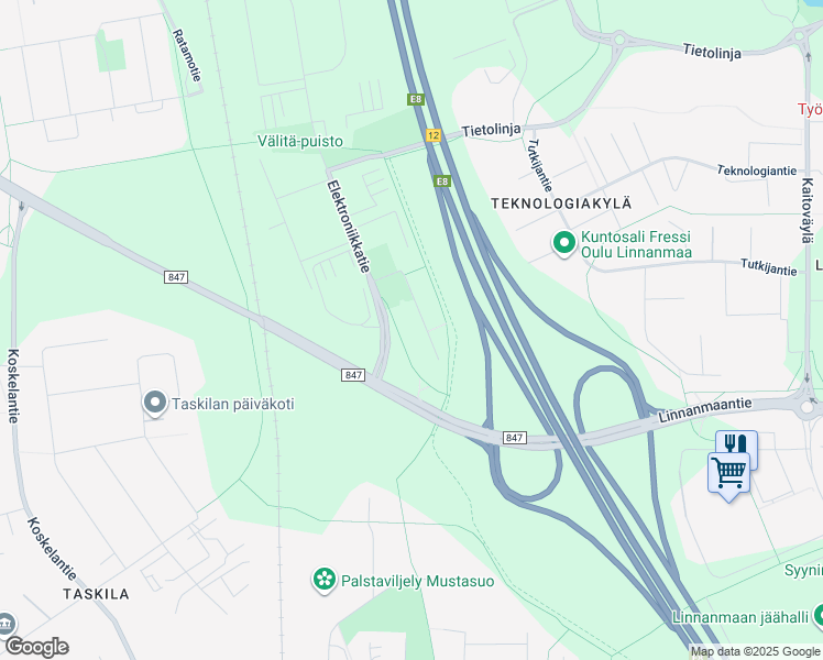map of restaurants, bars, coffee shops, grocery stores, and more near 2 Elektroniikkatie in Oulu