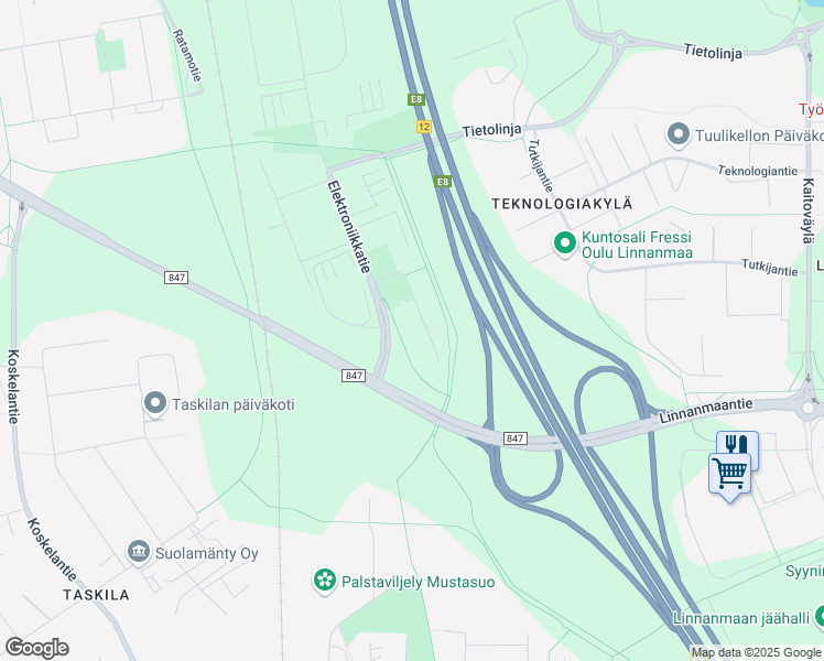 map of restaurants, bars, coffee shops, grocery stores, and more near 2 Elektroniikkatie in Oulu
