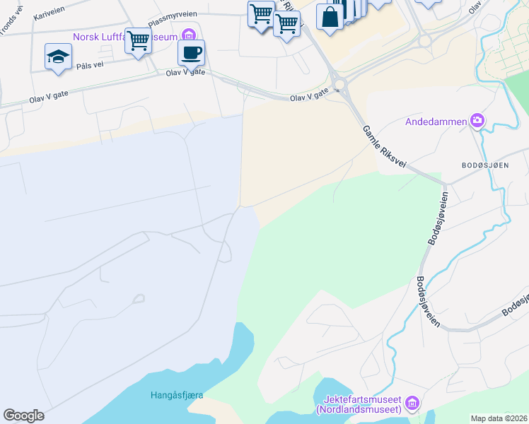 map of restaurants, bars, coffee shops, grocery stores, and more near 2 Rishaugveien in Bodø