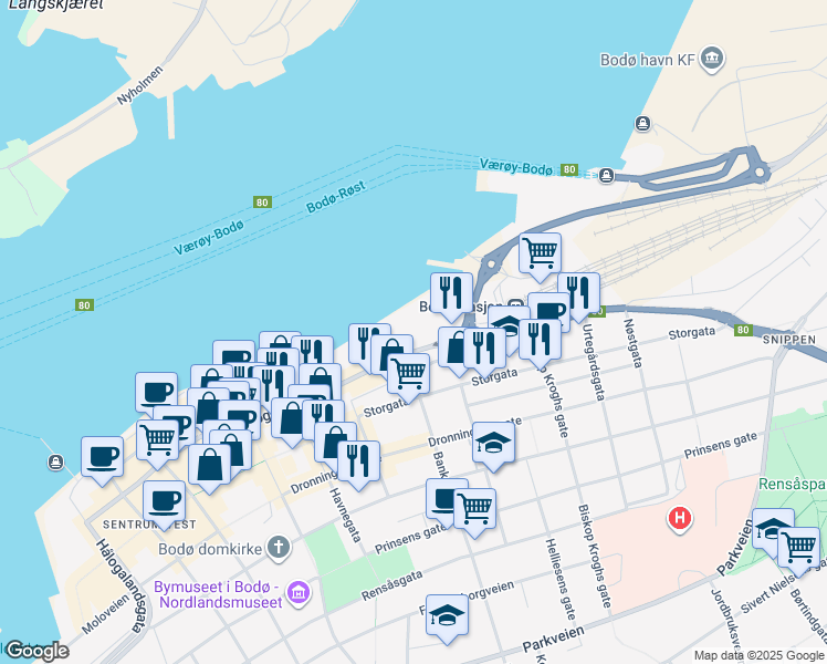 map of restaurants, bars, coffee shops, grocery stores, and more near 48 Storgata in Bodø