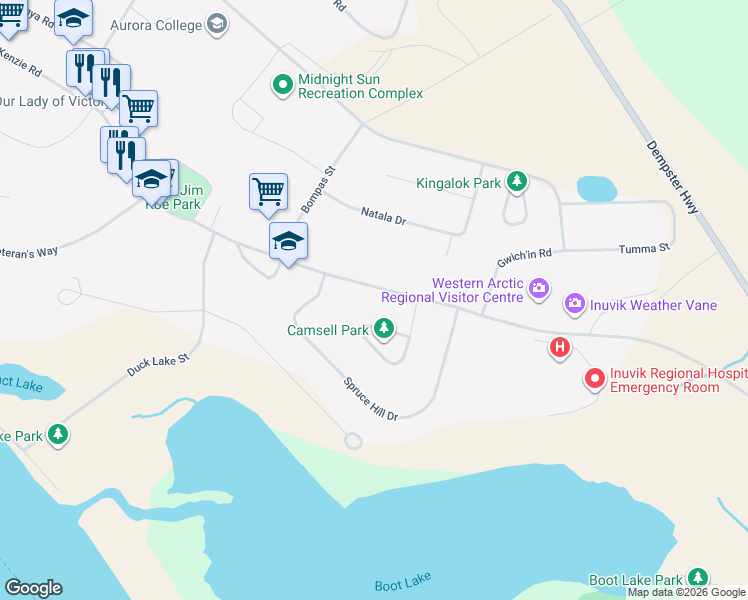 map of restaurants, bars, coffee shops, grocery stores, and more near 223 Mackenzie Road in Inuvik