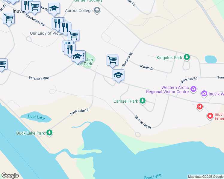 map of restaurants, bars, coffee shops, grocery stores, and more near 5 Council Crescent in Inuvik