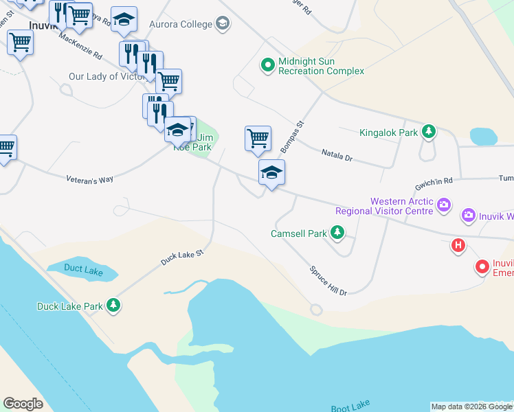 map of restaurants, bars, coffee shops, grocery stores, and more near 5 Council Crescent in Inuvik