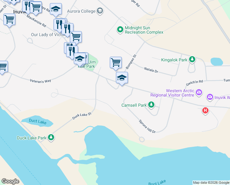 map of restaurants, bars, coffee shops, grocery stores, and more near 5 Council Crescent in Inuvik