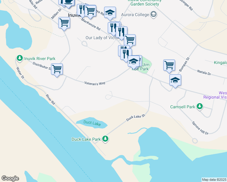 map of restaurants, bars, coffee shops, grocery stores, and more near 105 Veteran's Way in Inuvik