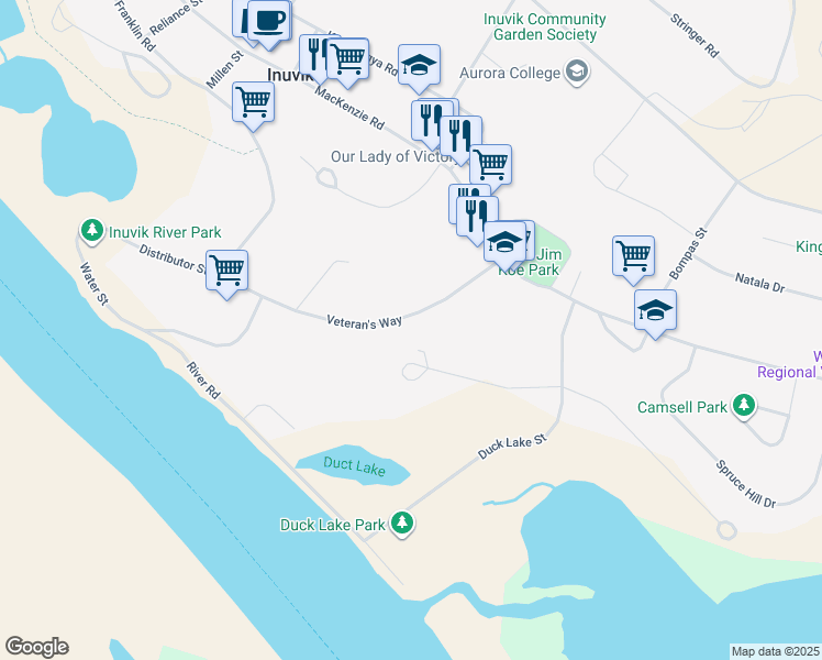 map of restaurants, bars, coffee shops, grocery stores, and more near 105 Veteran's Way in Inuvik