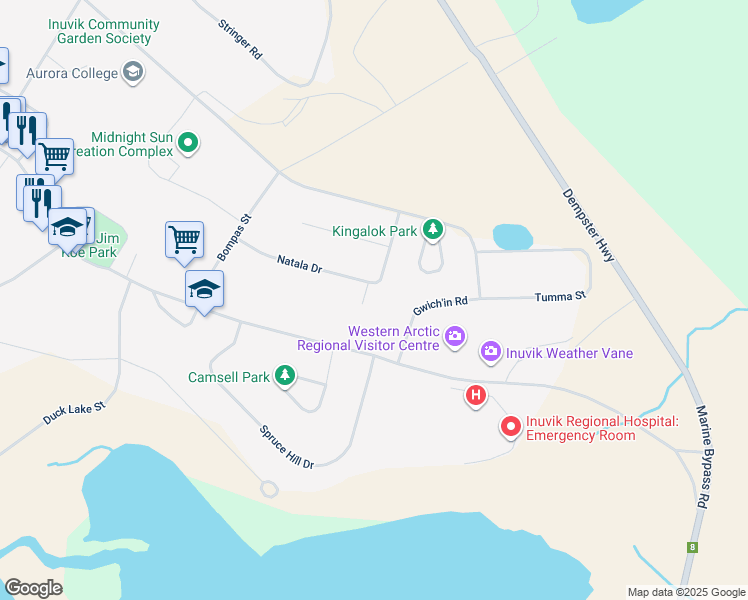 map of restaurants, bars, coffee shops, grocery stores, and more near 13 Nanuk Place in Inuvik