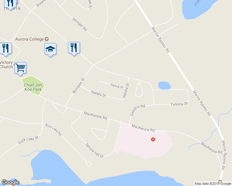 map of restaurants, bars, coffee shops, grocery stores, and more near 13 Nanuk Place in Inuvik