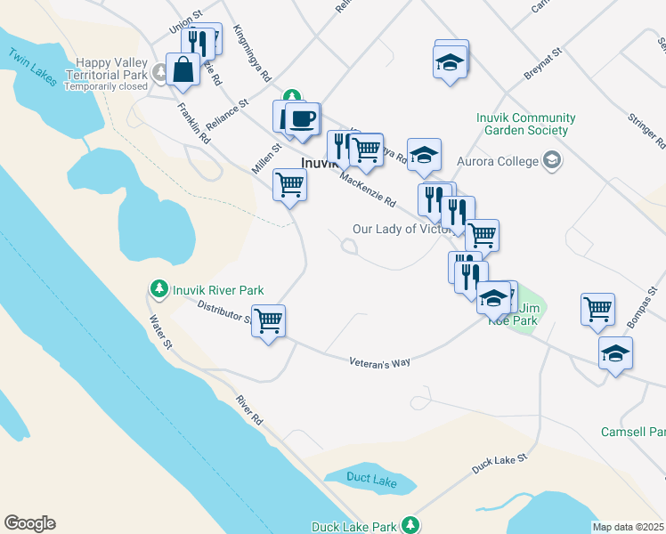map of restaurants, bars, coffee shops, grocery stores, and more near 50 Tununuk Place in Inuvik