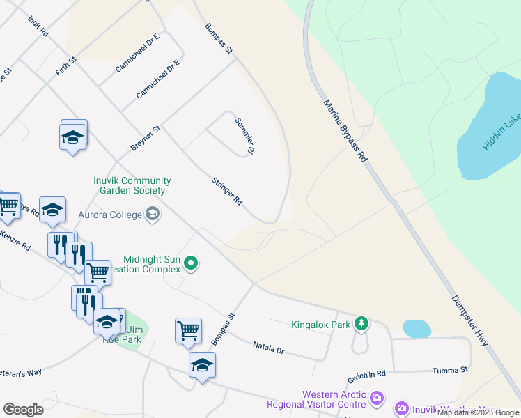 map of restaurants, bars, coffee shops, grocery stores, and more near 34 Stringer Road in Inuvik